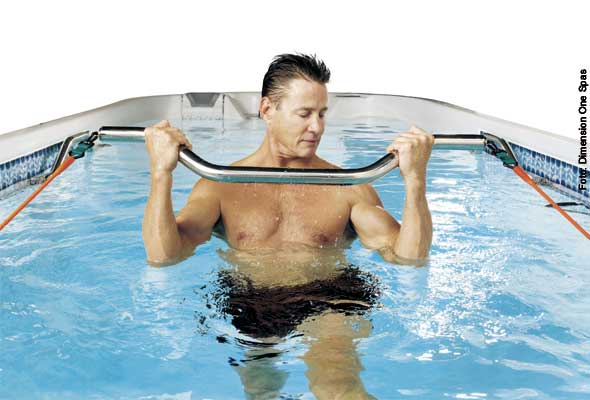 Aufpumpen - diverse Übungen für den Muskelaufbau kann man in einem Swim Spa mit Fitnesspaket durchführen. Die dehnbaren Bänder sorgen für den nötigen Widerstand.